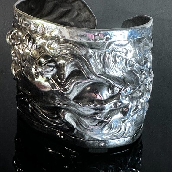 Art Nouveau Sterling Silver 925 Cuff Bracelet Lady Face Floral Alphonse Mucha - Picture 7 of 9